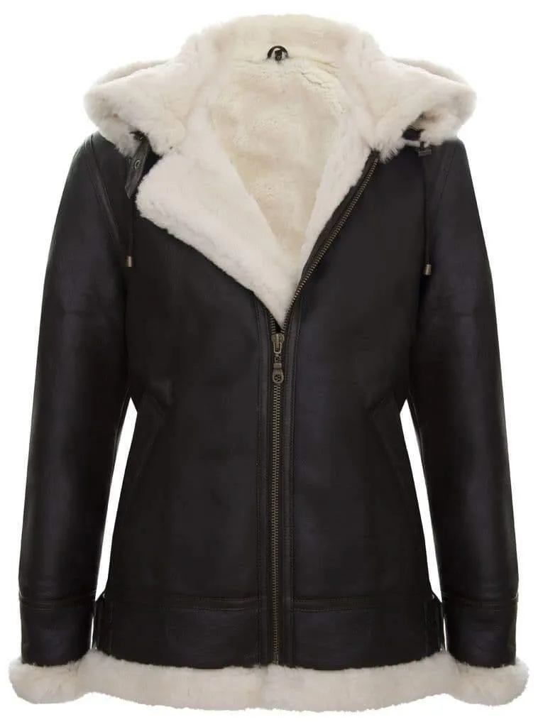 B3 Sheepskin Jacket with Detachable Hood in Brown & Cream