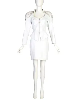 Cachè Vintage 1980s Pearl Rhinestone Embellished White Leather Jacket and Skirt Suit