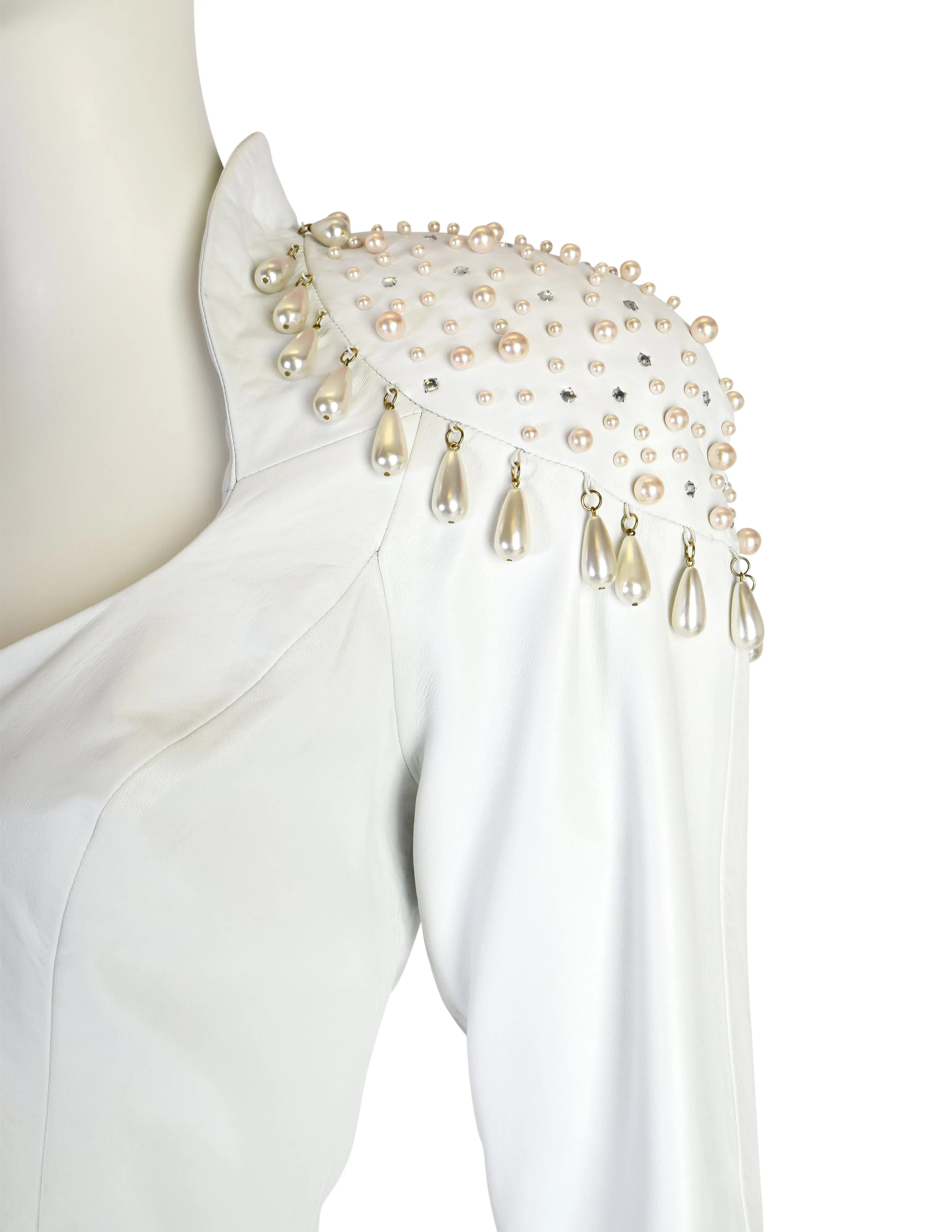 Cachè Vintage 1980s Pearl Rhinestone Embellished White Leather Jacket and Skirt Suit