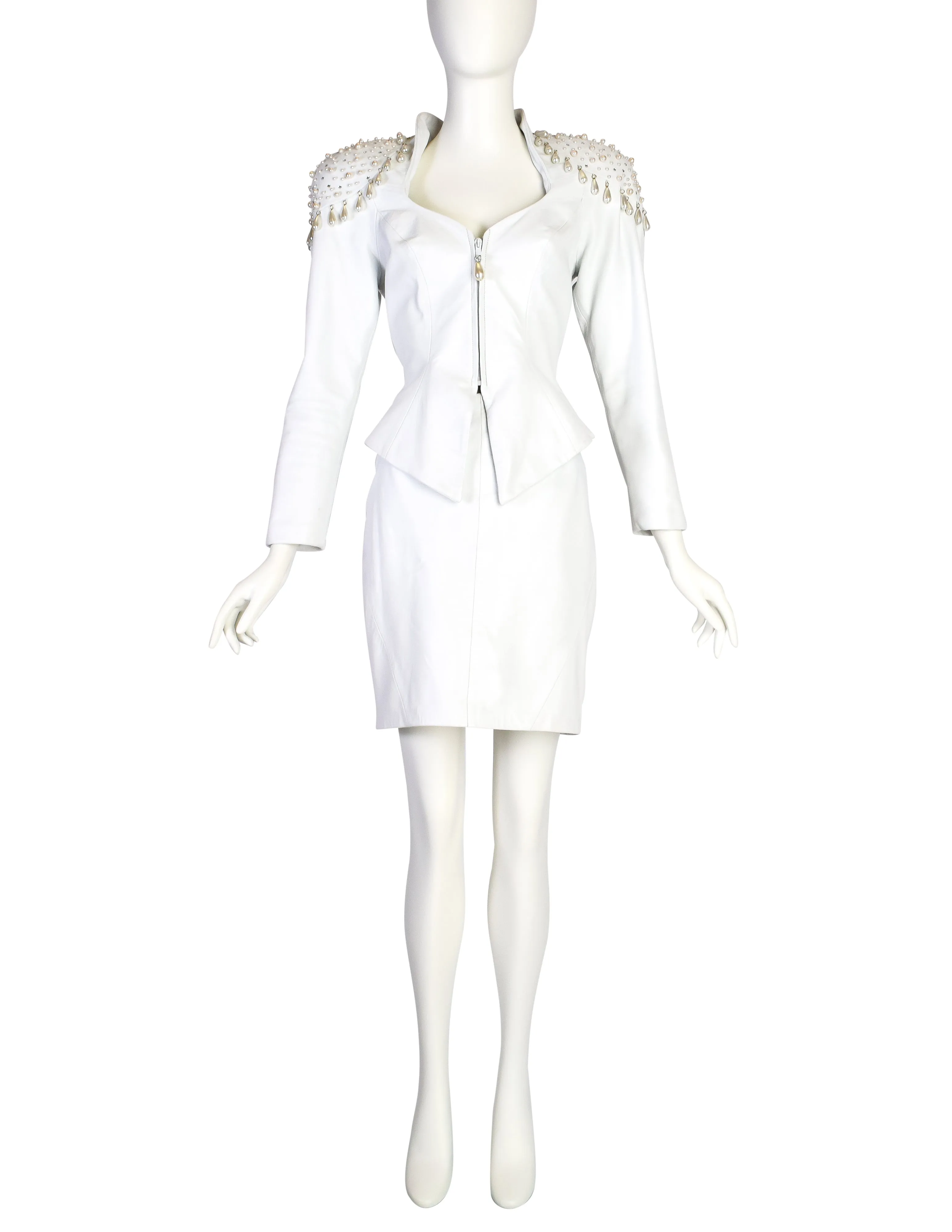 Cachè Vintage 1980s Pearl Rhinestone Embellished White Leather Jacket and Skirt Suit