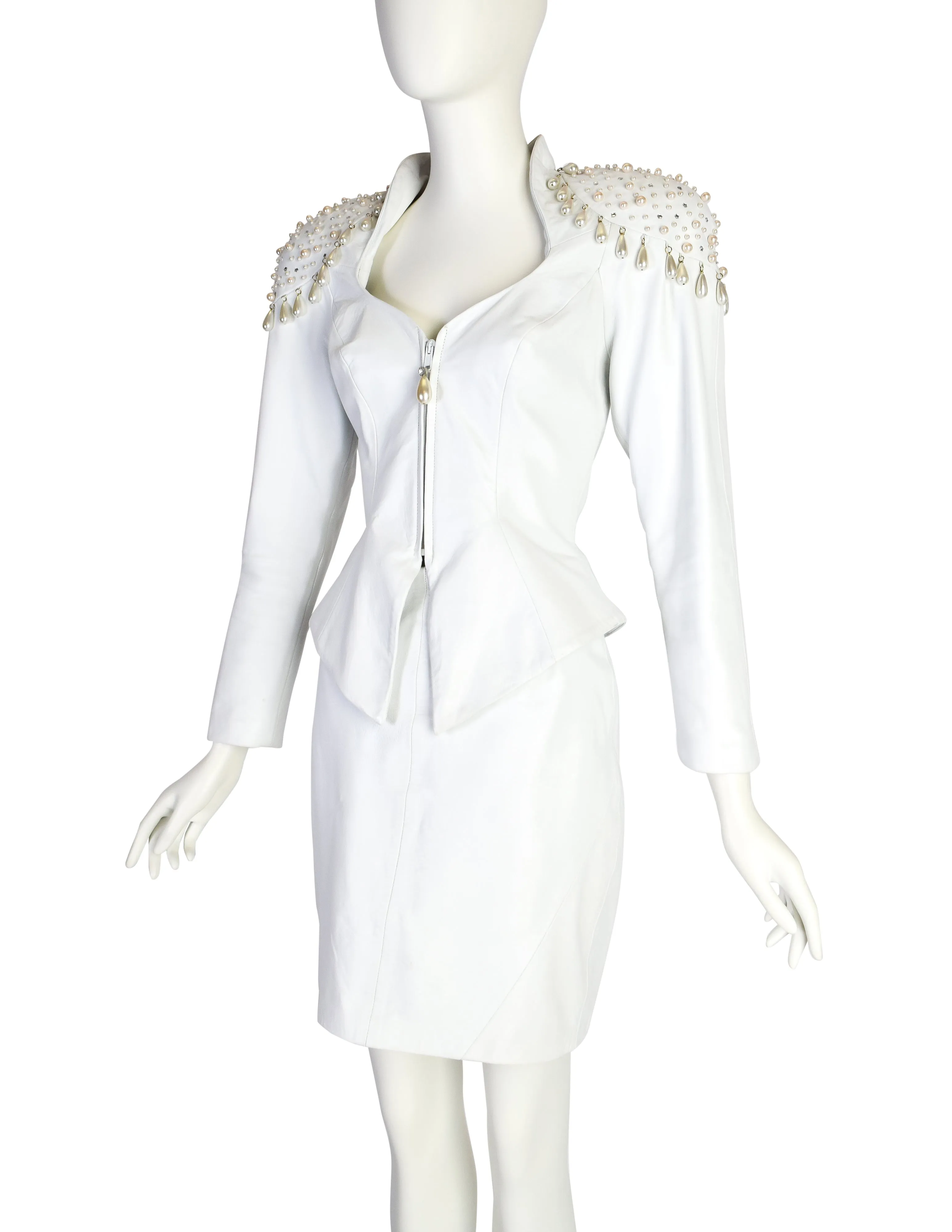 Cachè Vintage 1980s Pearl Rhinestone Embellished White Leather Jacket and Skirt Suit