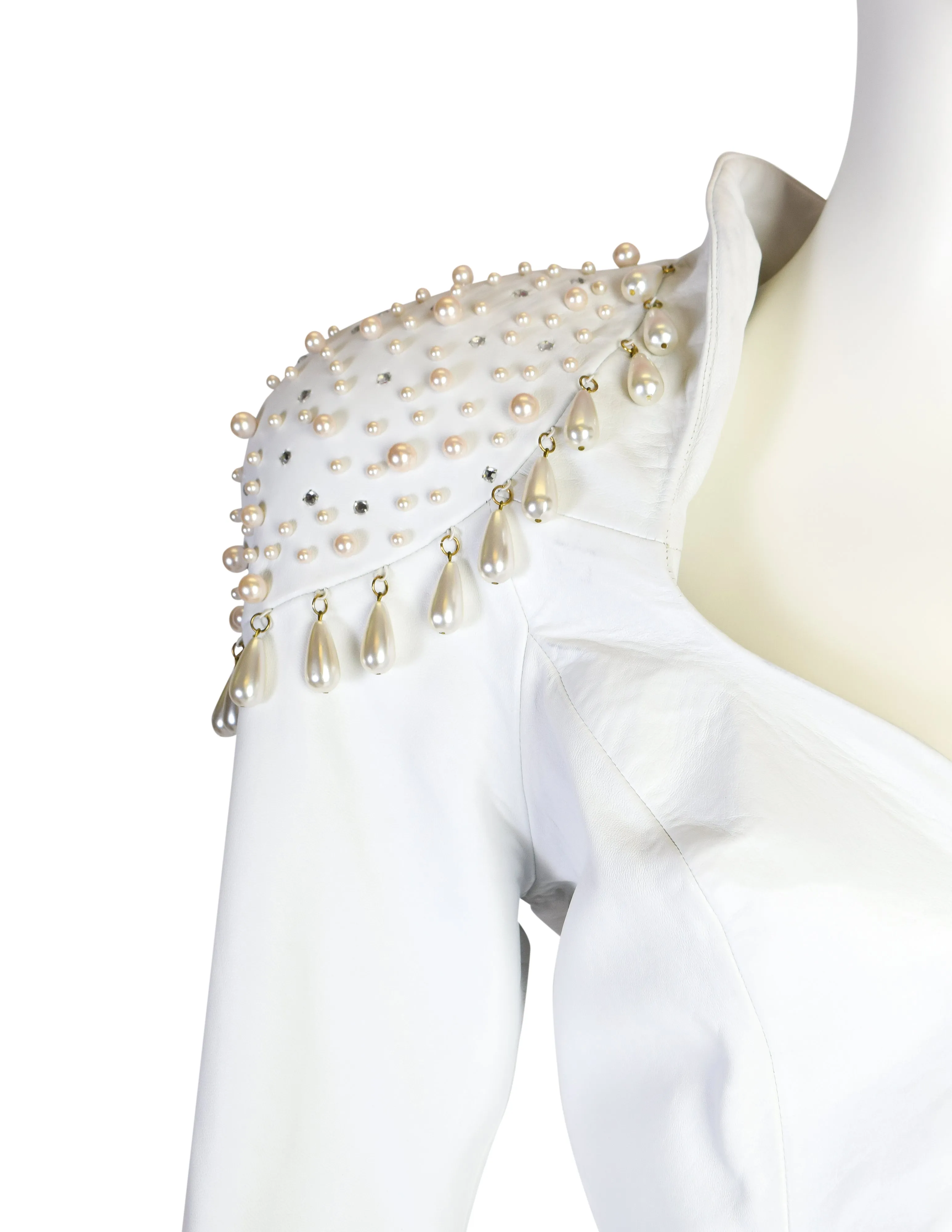 Cachè Vintage 1980s Pearl Rhinestone Embellished White Leather Jacket and Skirt Suit