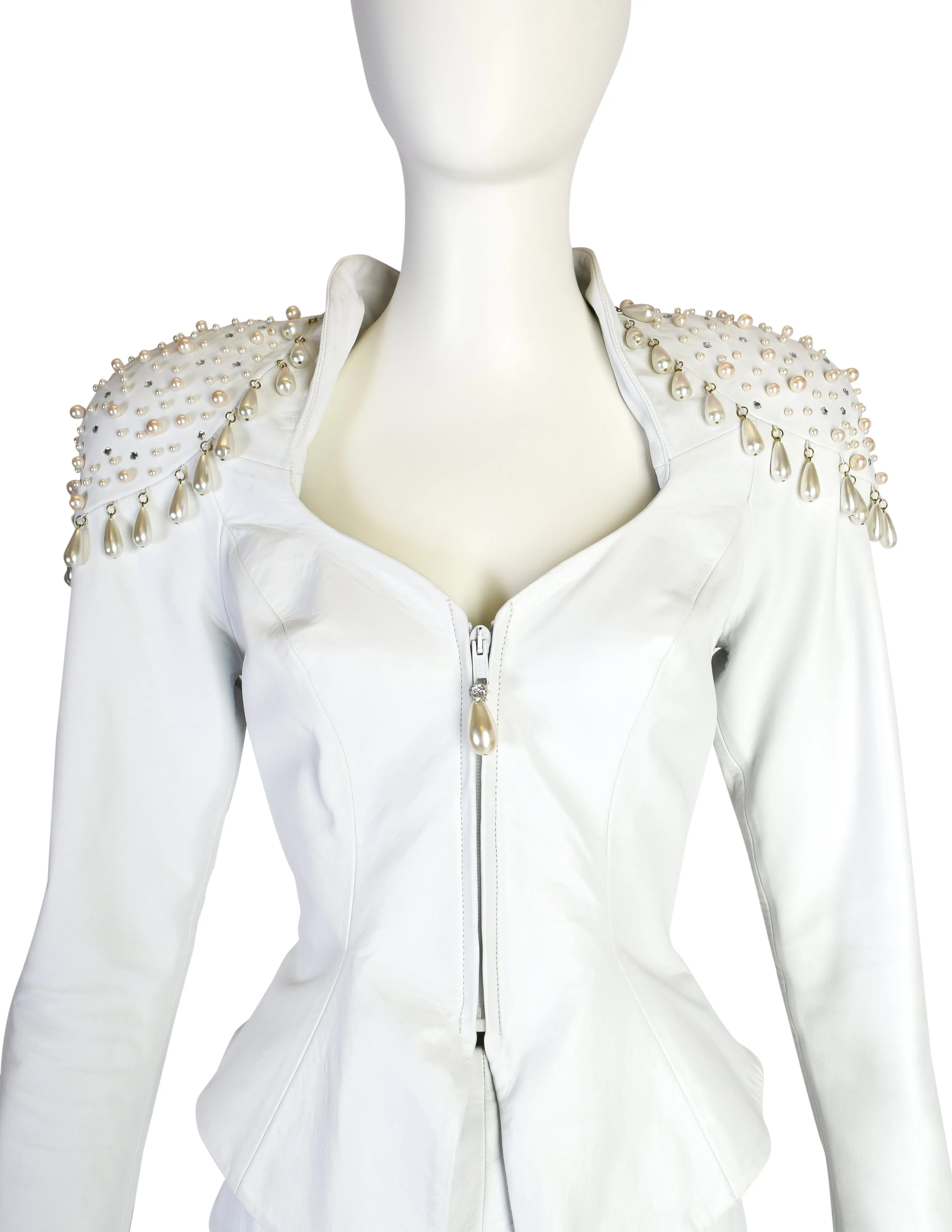 Cachè Vintage 1980s Pearl Rhinestone Embellished White Leather Jacket and Skirt Suit