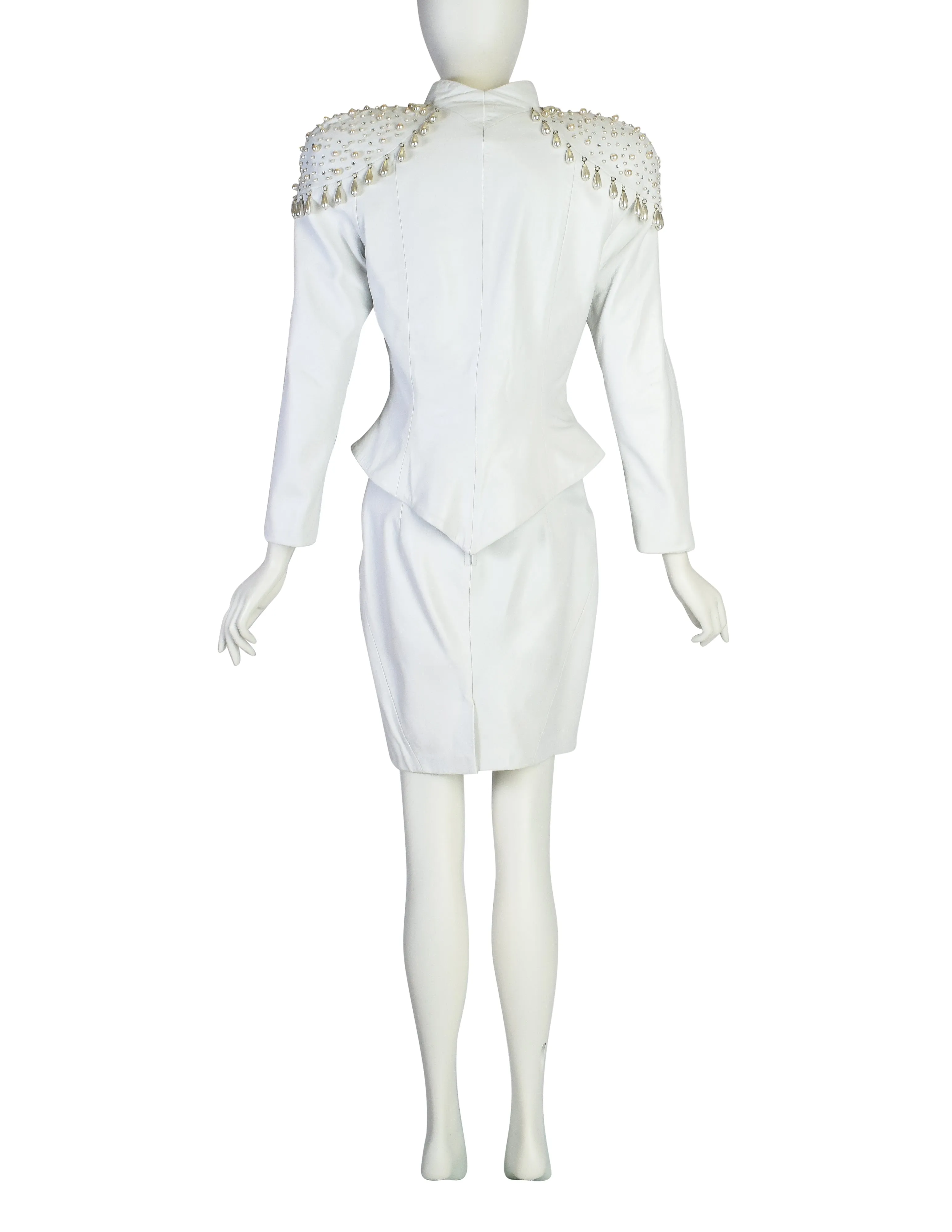 Cachè Vintage 1980s Pearl Rhinestone Embellished White Leather Jacket and Skirt Suit