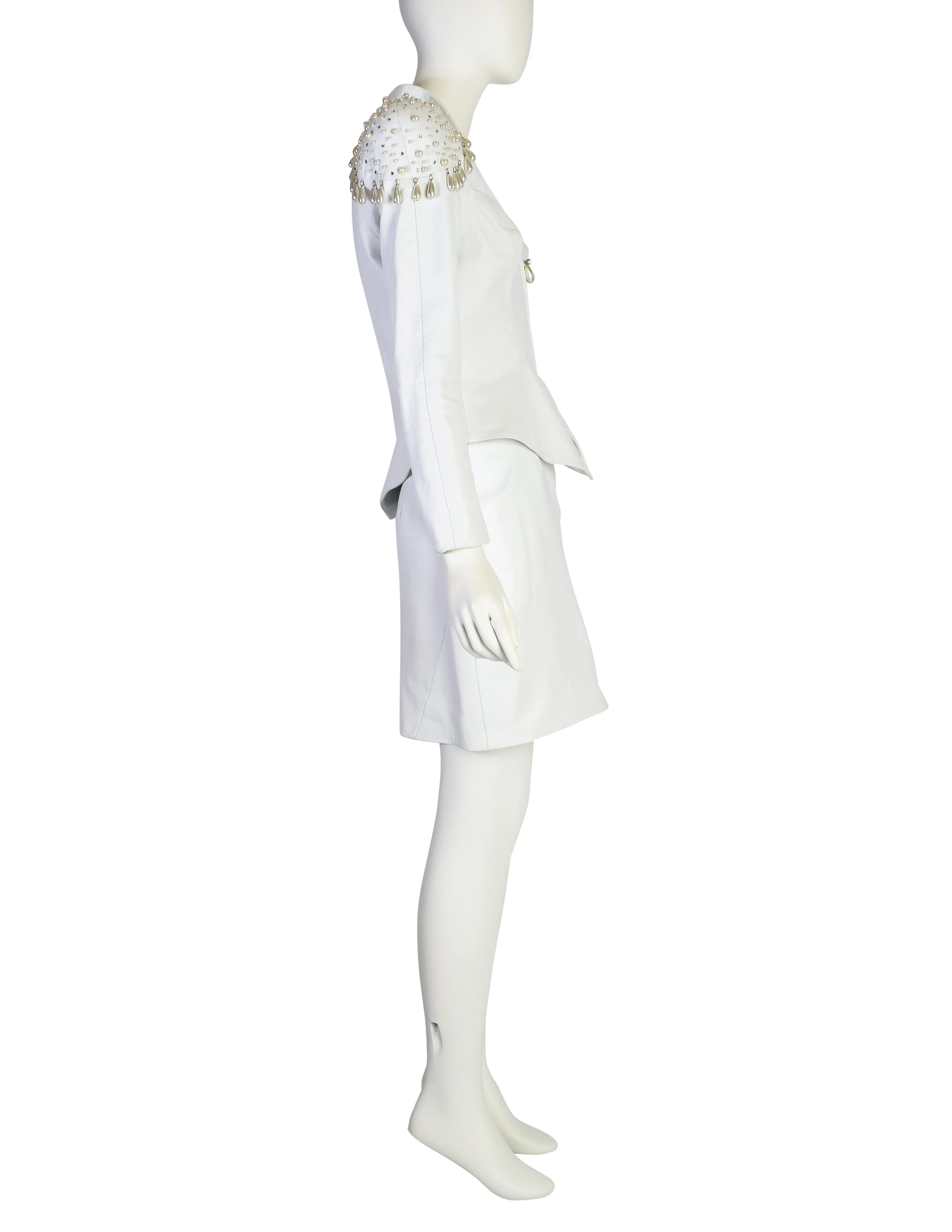 Cachè Vintage 1980s Pearl Rhinestone Embellished White Leather Jacket and Skirt Suit