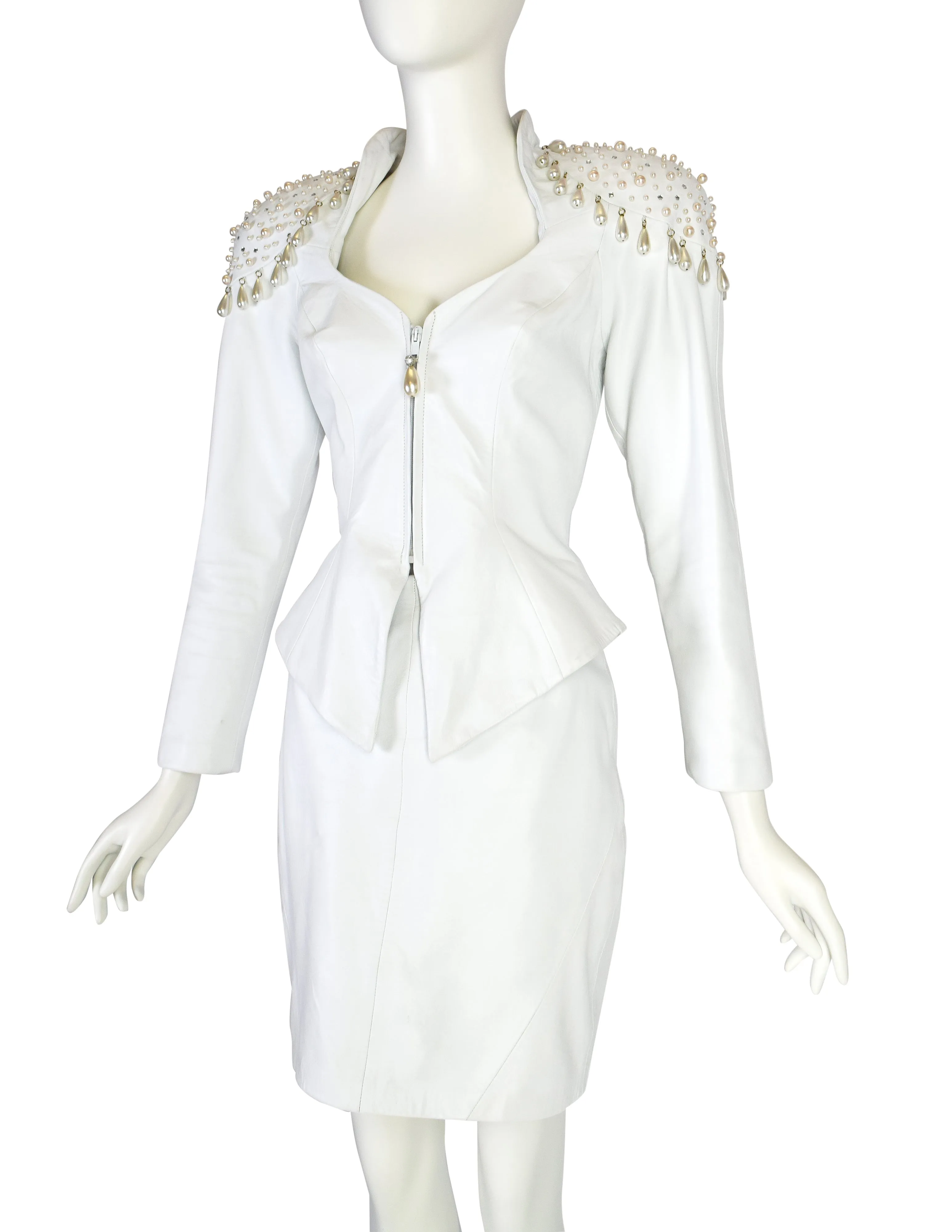 Cachè Vintage 1980s Pearl Rhinestone Embellished White Leather Jacket and Skirt Suit