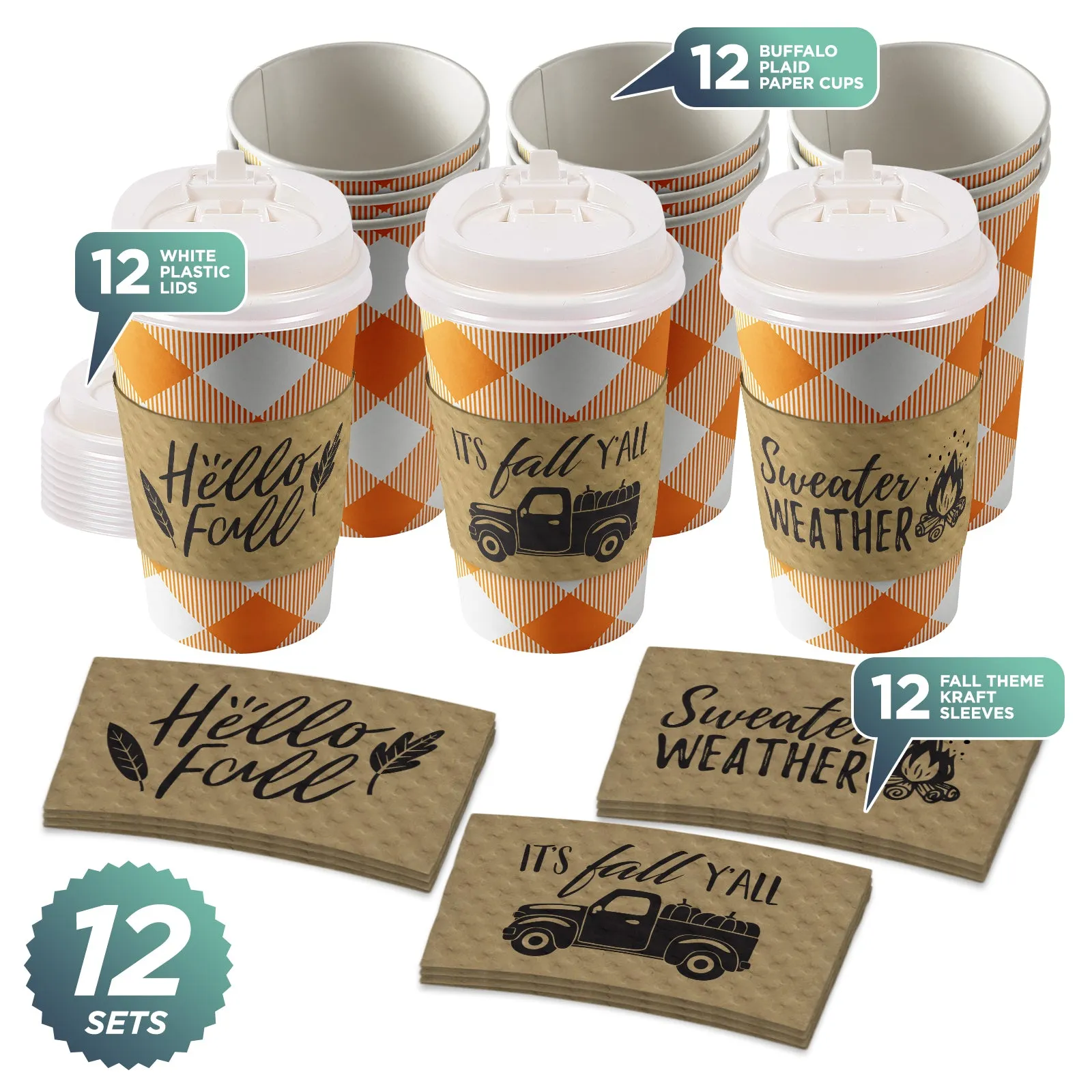 Disposable Coffee or Hot Chocolate Cups - Pumpkin Orange Buffalo Plaid With Lids & Kraft Cup Sleeves in Assorted Fall Designs (Serves 12)