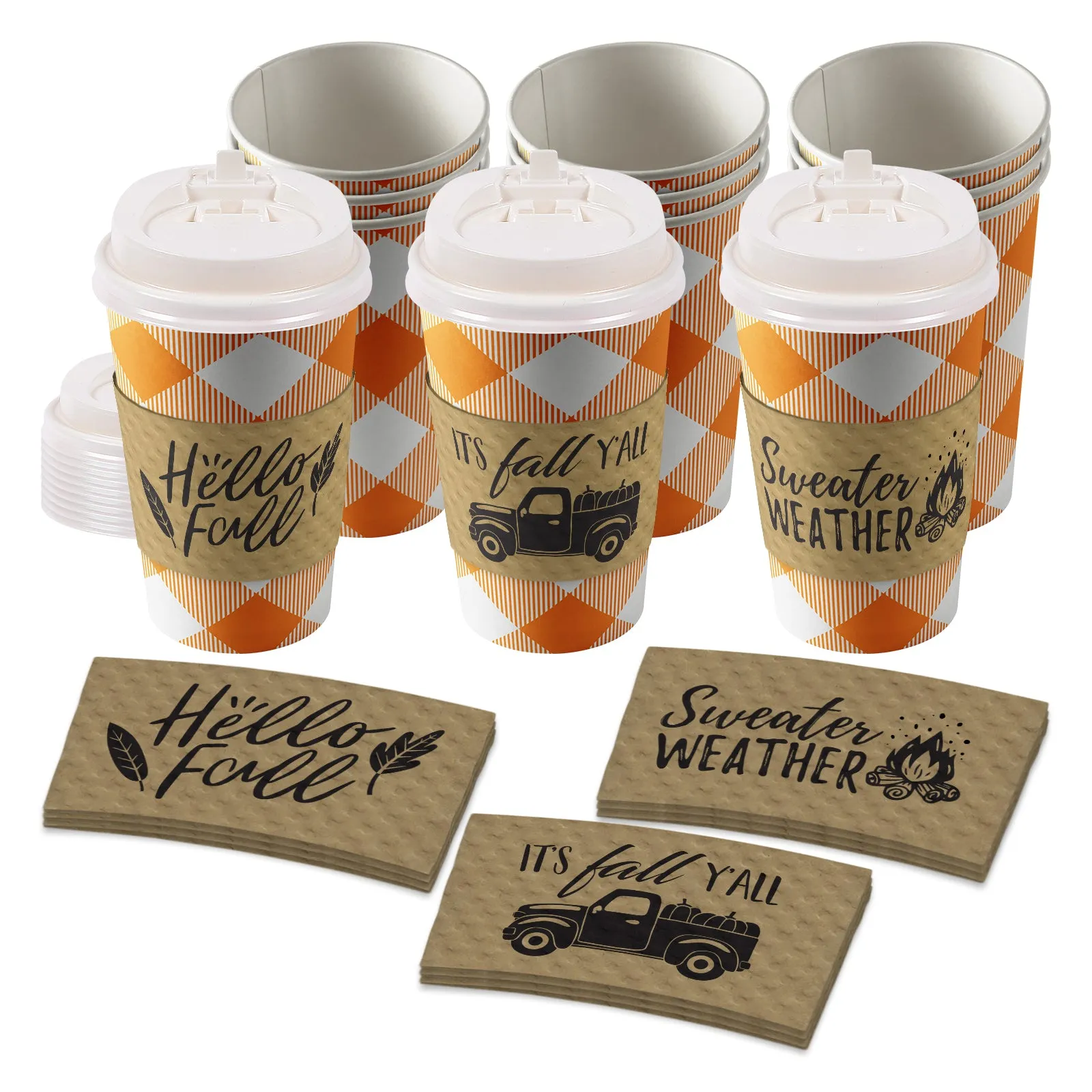 Disposable Coffee or Hot Chocolate Cups - Pumpkin Orange Buffalo Plaid With Lids & Kraft Cup Sleeves in Assorted Fall Designs (Serves 12)