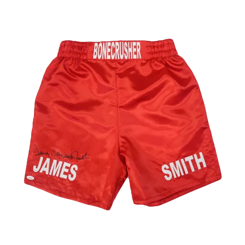 James "Bone Crusher" Smith Autographed Boxing Trunks Red (JSA)