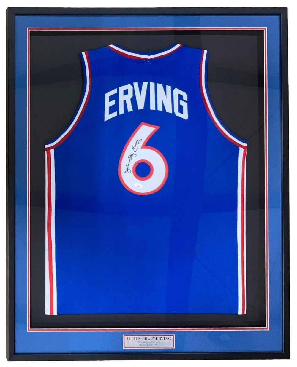 Julius Dr J Erving Philadelphia Signed Framed Blue Basketball Jersey JSA