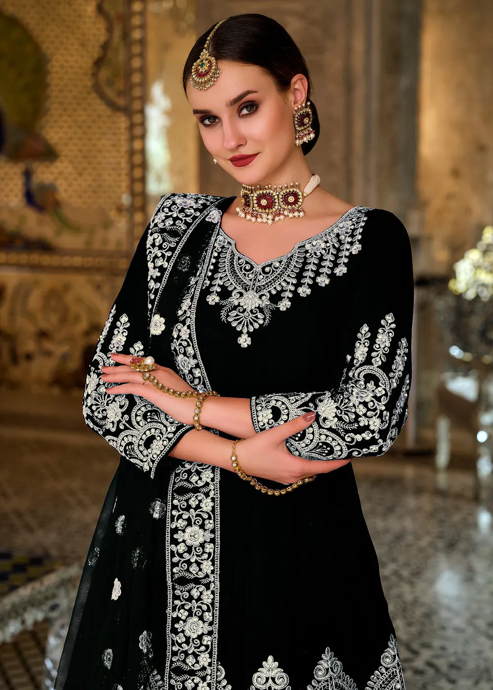 Miraculous Black Sequins Embroidered Trendy Velvet Anarkali