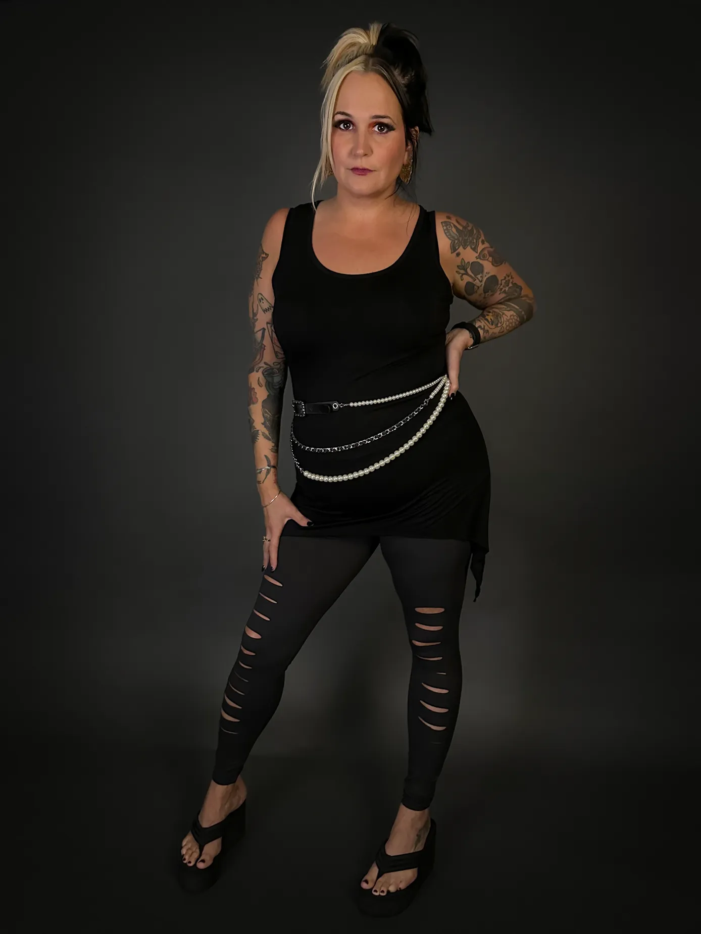 Outfit Set - Goth Pointy Bottom Stretch Camisole Dress & Charcoal Ripped Leggings