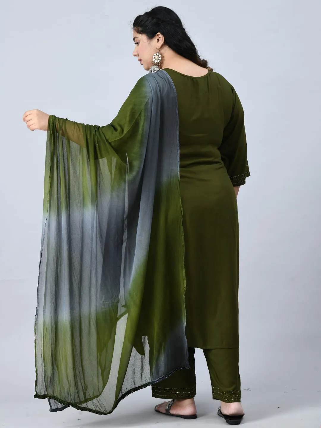 Plus Size Mettalic Green Kurta Pant Set with Dupatta