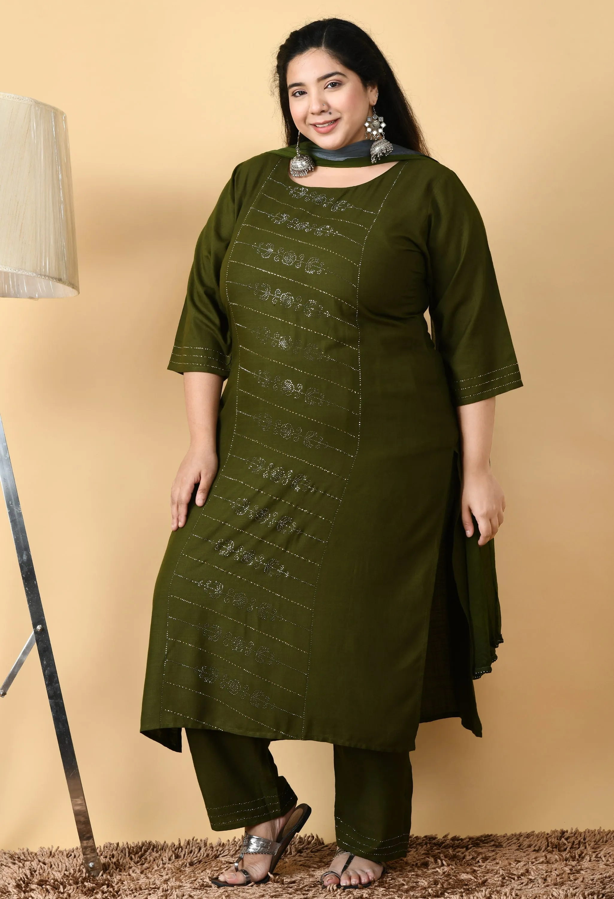 Plus Size Mettalic Green Kurta Pant Set with Dupatta