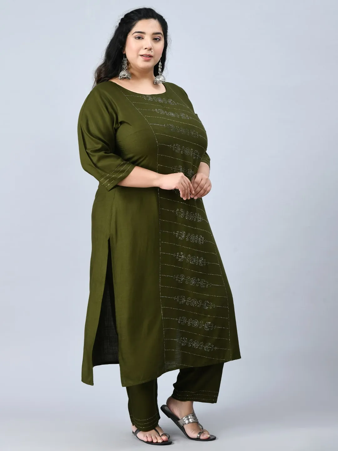 Plus Size Mettalic Green Kurta Pant Set with Dupatta