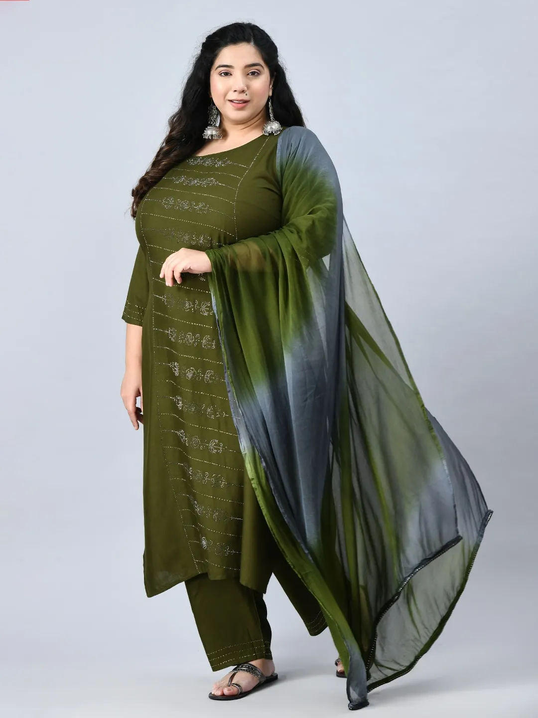 Plus Size Mettalic Green Kurta Pant Set with Dupatta