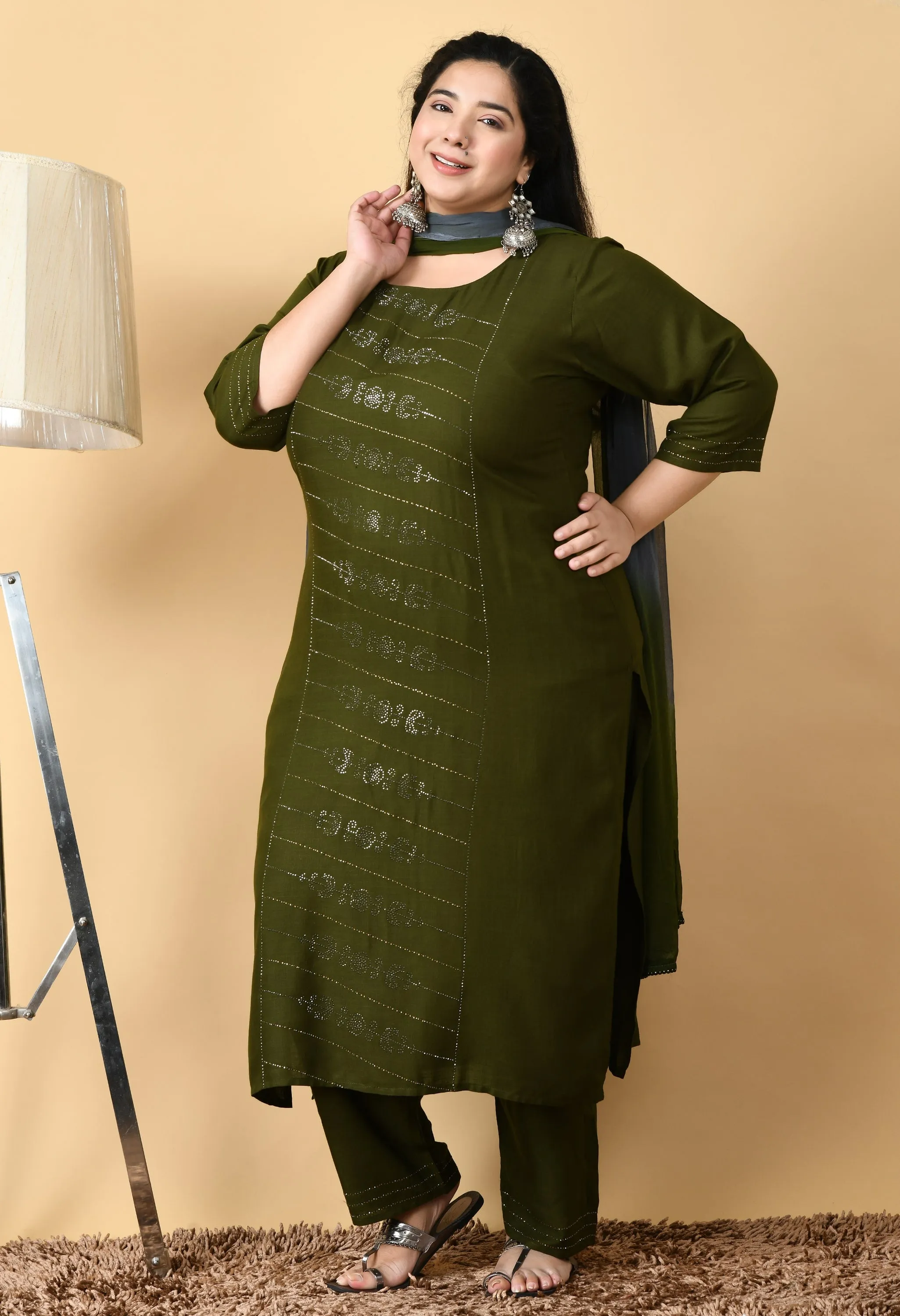 Plus Size Mettalic Green Kurta Pant Set with Dupatta