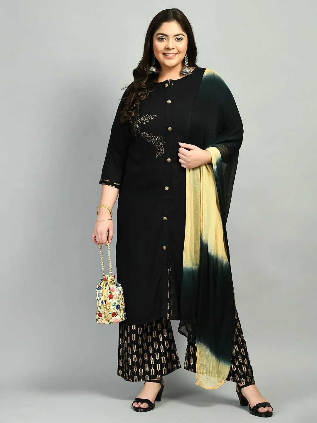 Plus Size Pitch Black Kurta Palazzo Set