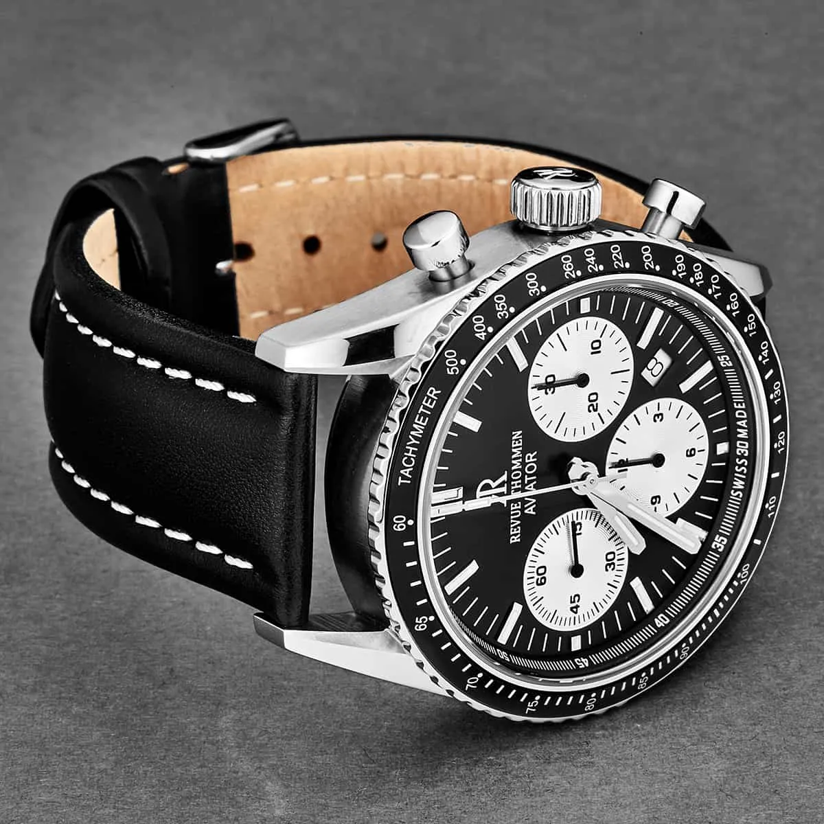 Revue Thommen Men's 17000.6534 'Aviator' Black Dial Leather Strap Chronograph Automatic Watch