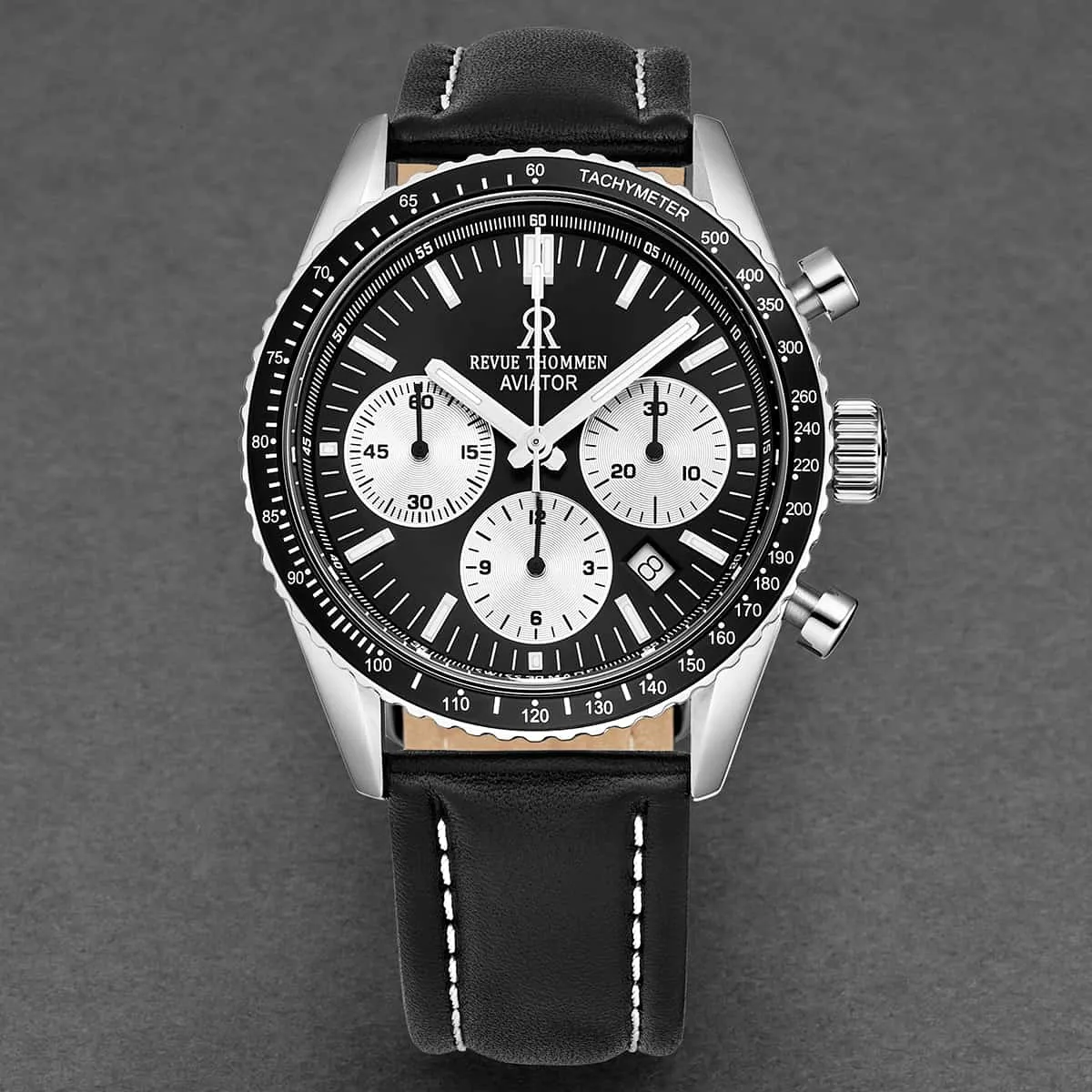 Revue Thommen Men's 17000.6534 'Aviator' Black Dial Leather Strap Chronograph Automatic Watch