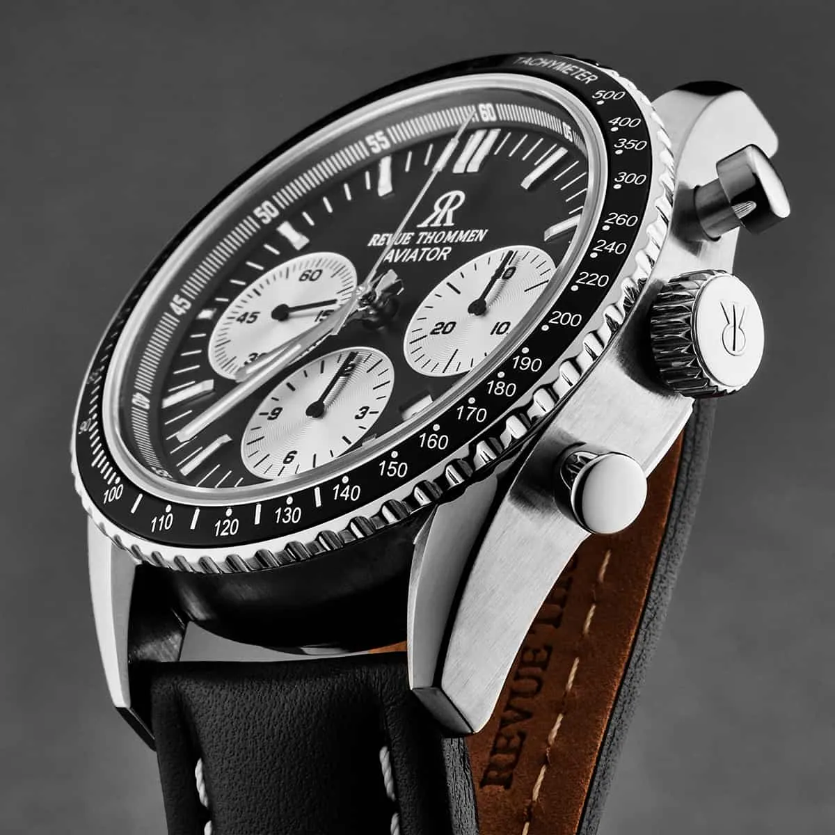 Revue Thommen Men's 17000.6534 'Aviator' Black Dial Leather Strap Chronograph Automatic Watch