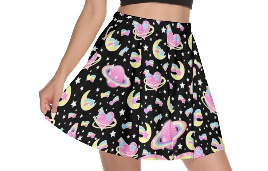 Saturn's Wish Black Mini Skater Skirt