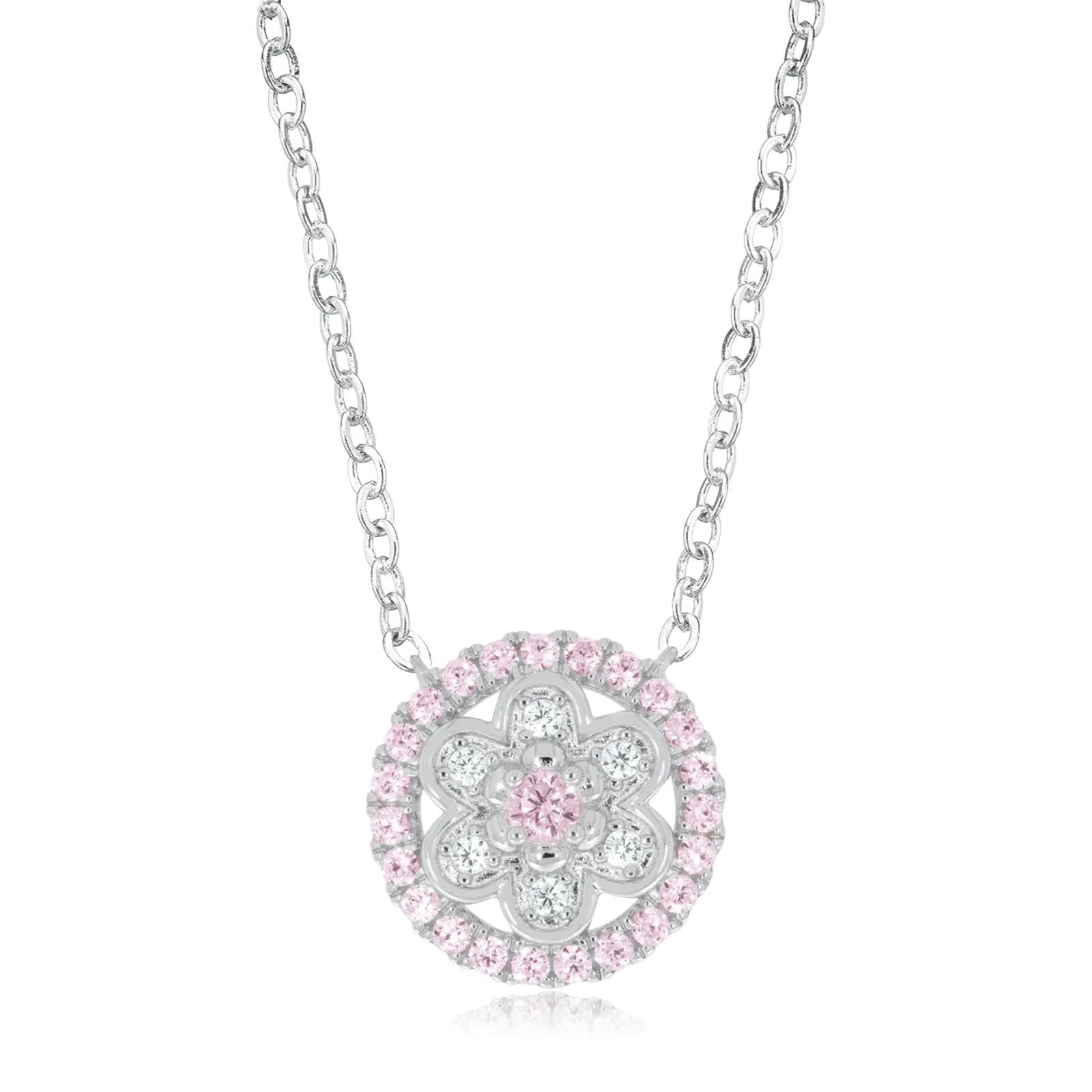 Sterling Silver Round Pink & White Cubic Zirconia Flower Pendant