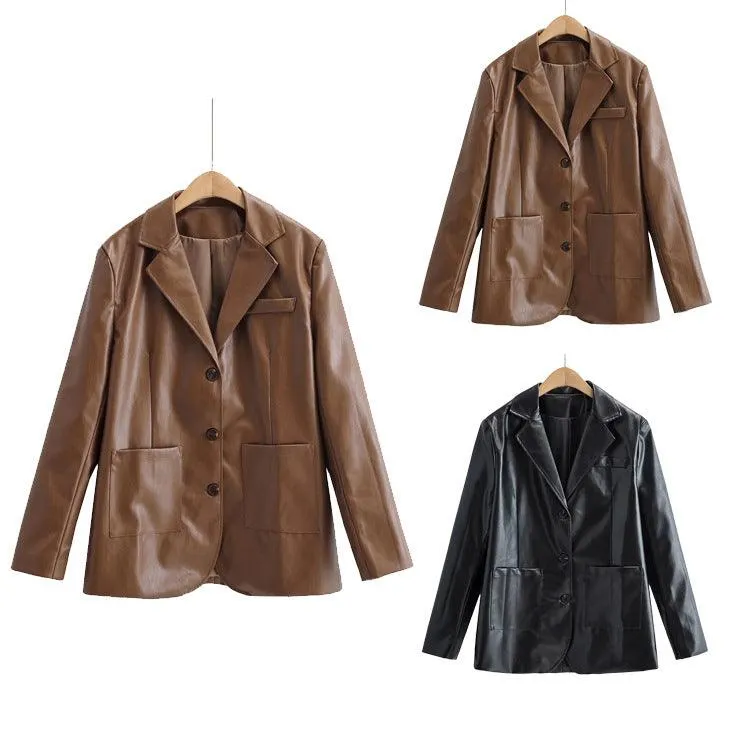 Temperament Commuting Light Cooked Wind Big Pocket Faux Leather Suit Jacket