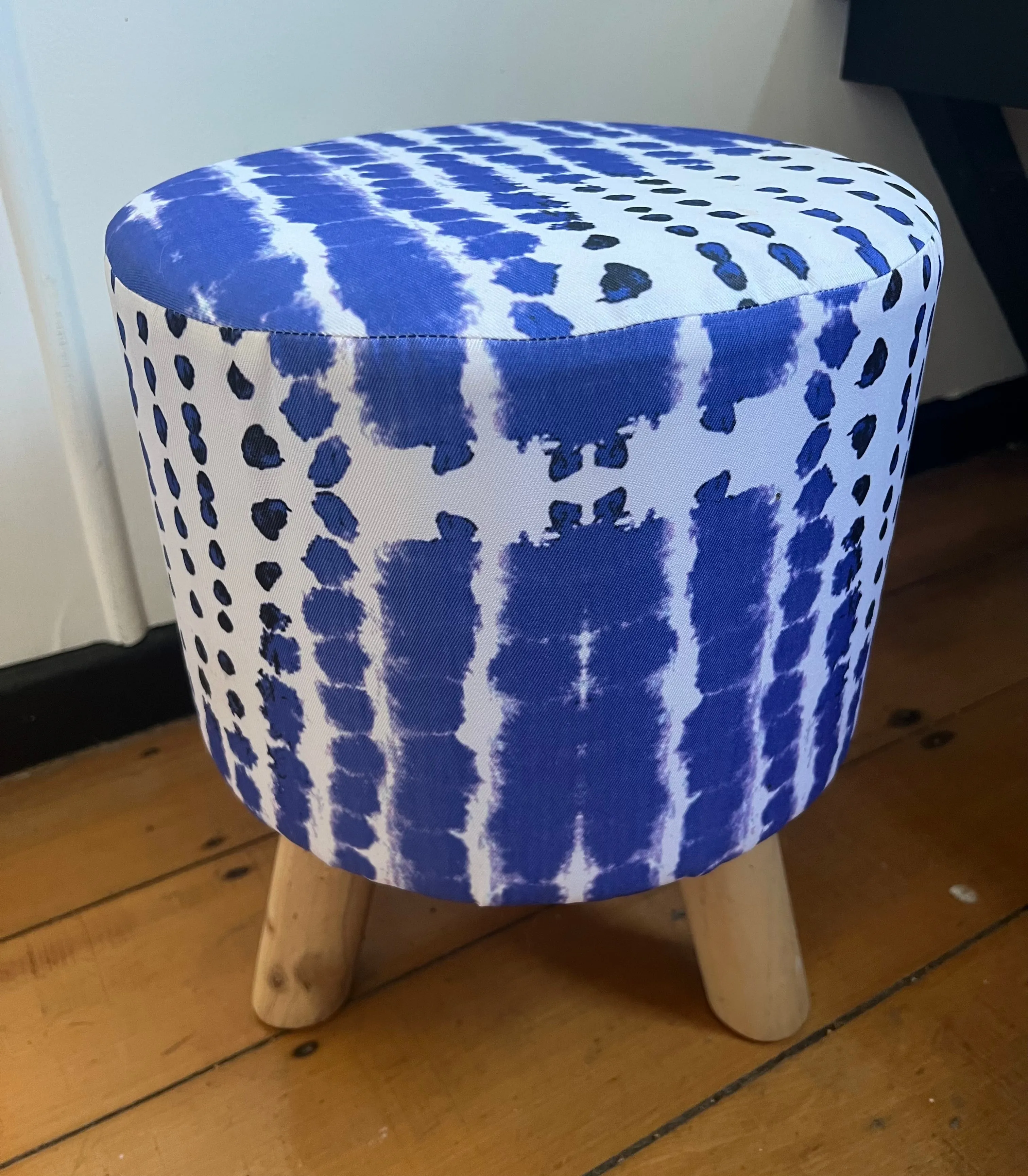 Tie Dye Dotted Linen Foot Stool With Wooden Feet