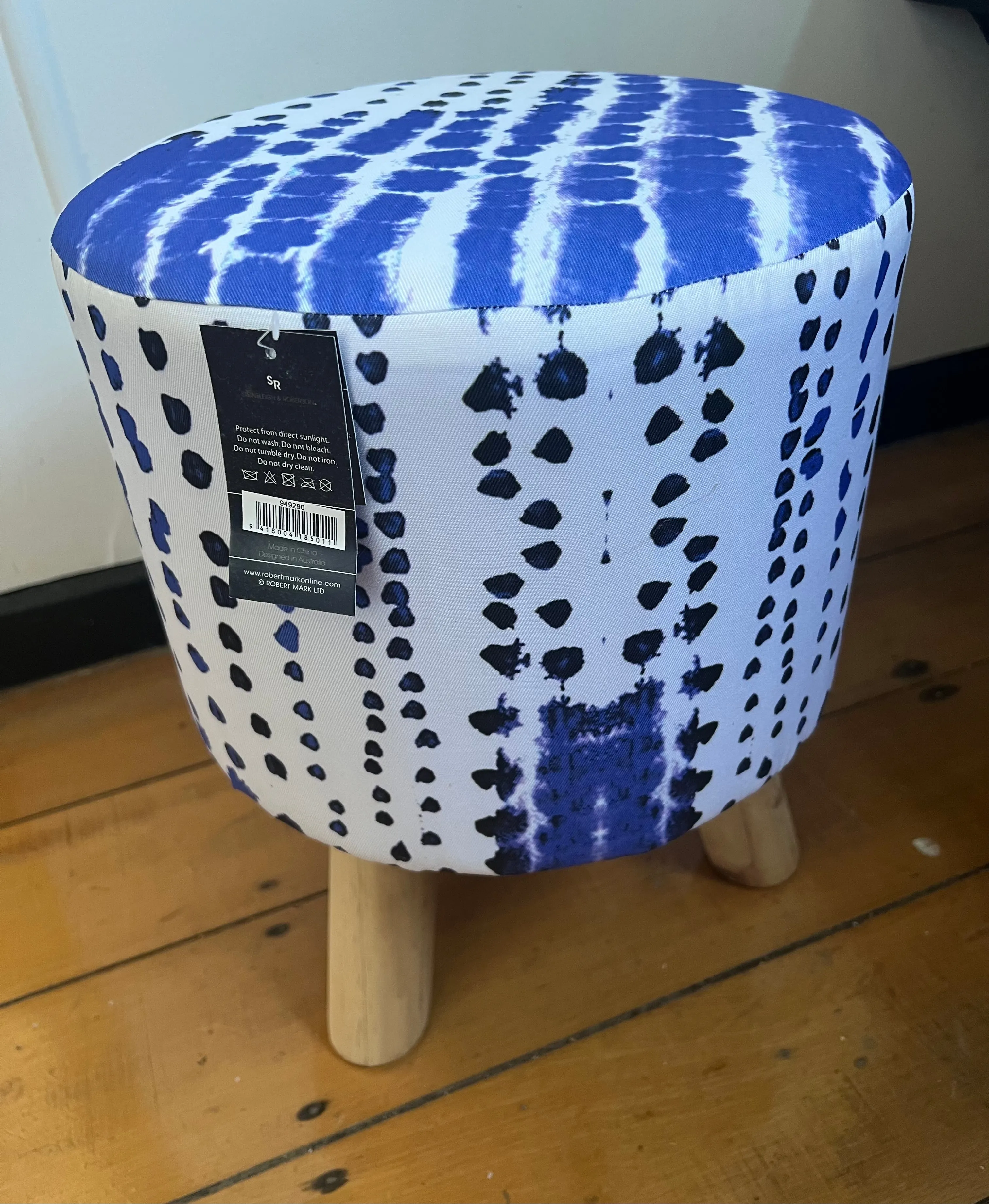 Tie Dye Dotted Linen Foot Stool With Wooden Feet