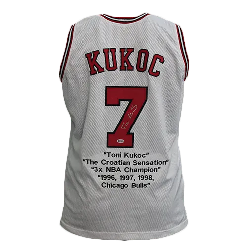 Toni Kukoc Autographed Basketball Jersey White w/ STATS! (JSA)