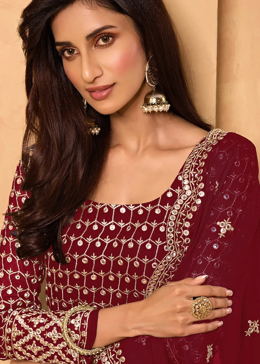 Trendy Maroon Party Style Designer Sharara Suit