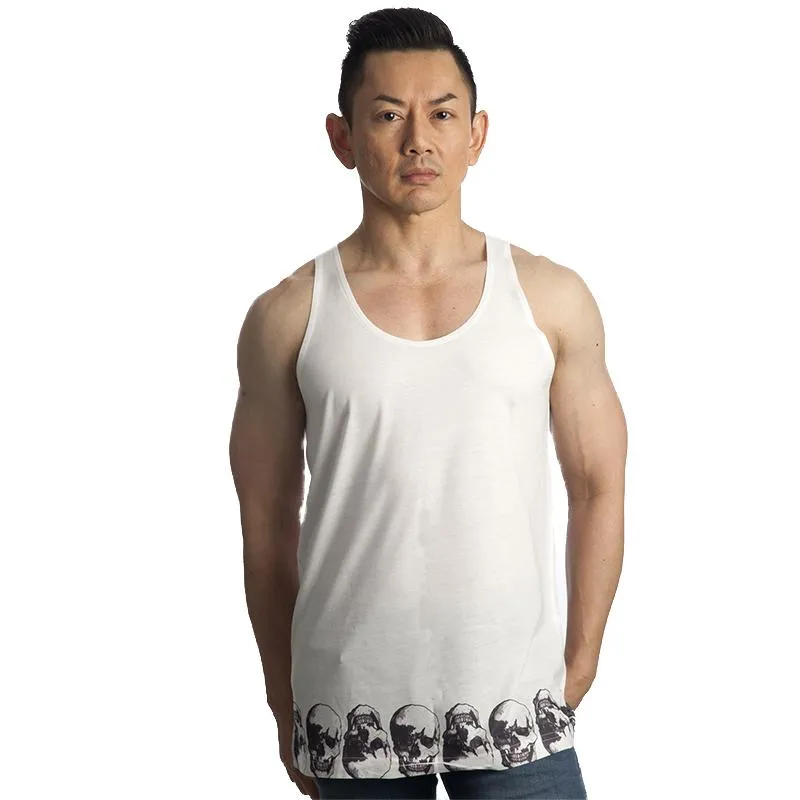 Vintage Treatment Skulls Hem White Tank