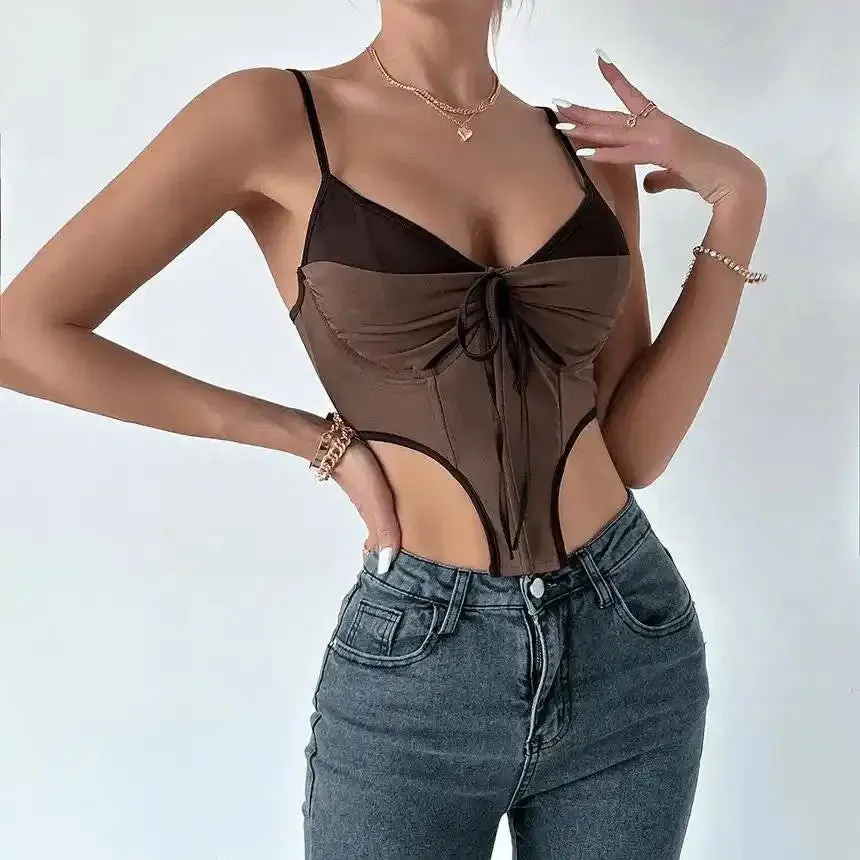 Willa Spaghetti Strap Two Tone Tie Front Panel Bustier Top