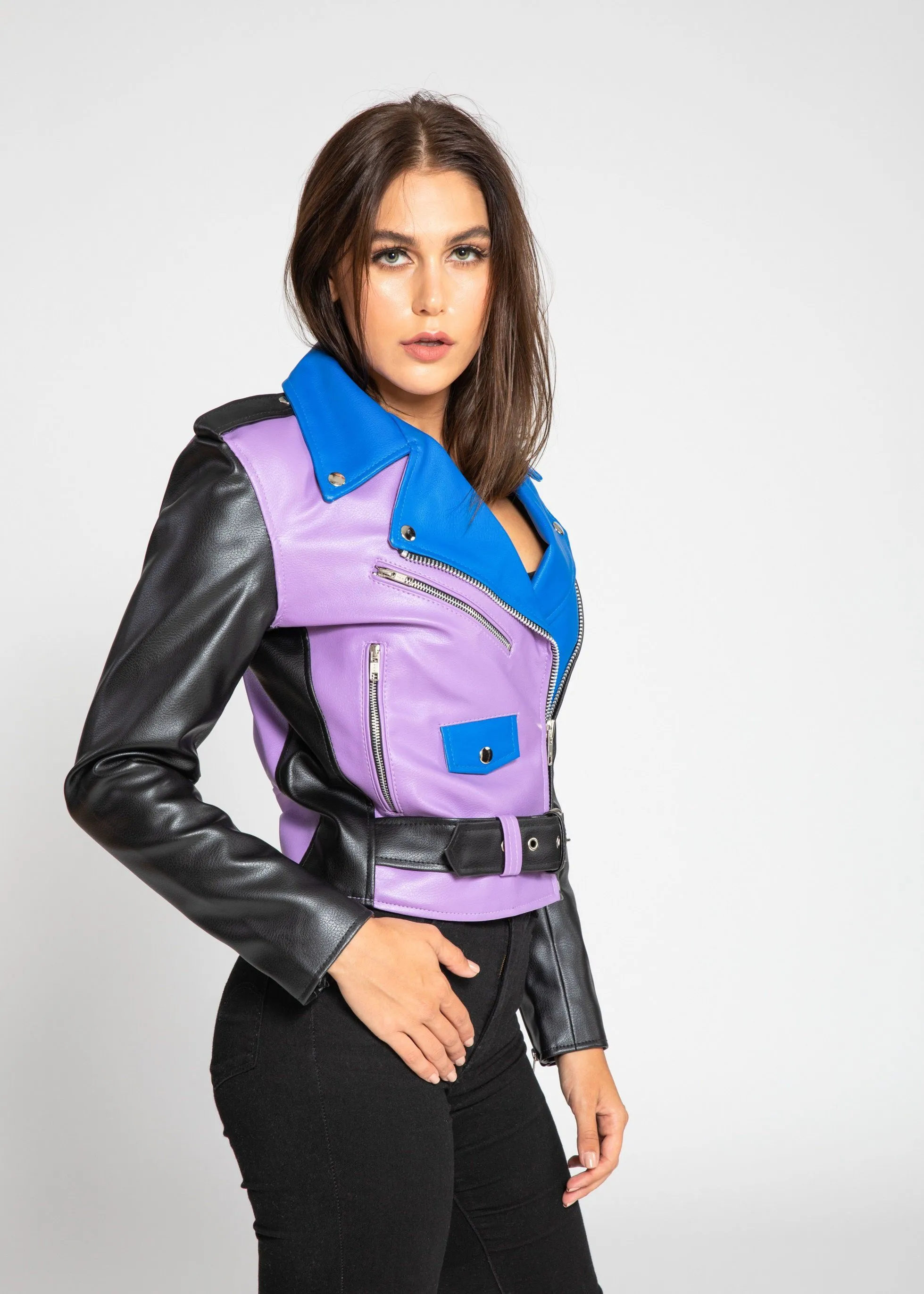 Women's Block Print Moto Style Faux Leather Jacket - Purple/Blue