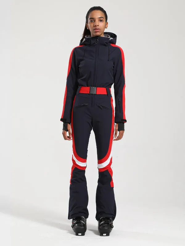 Women's Gsou Snow Retro Belted Stripe Flare Onesie Ski Suit