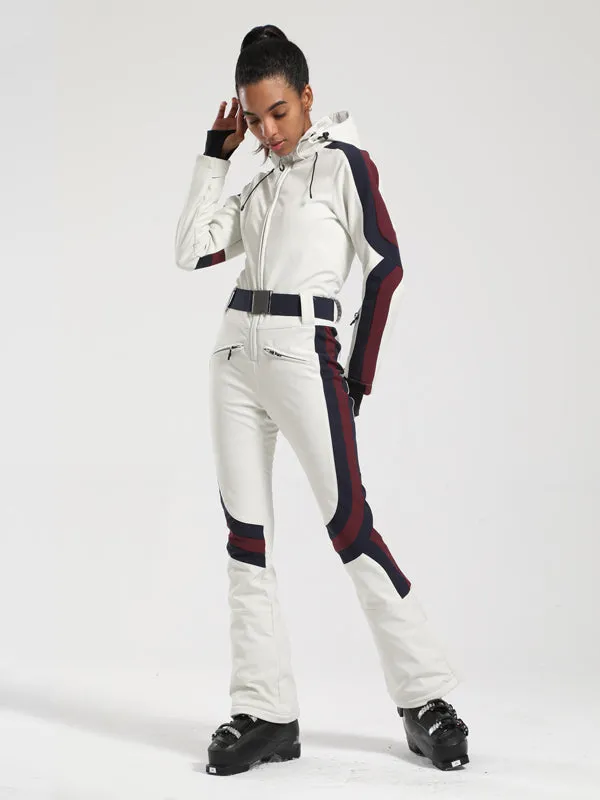 Women's Gsou Snow Retro Belted Stripe Flare Onesie Ski Suit