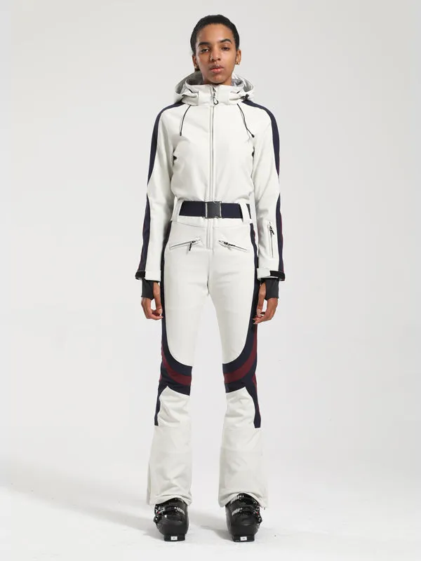 Women's Gsou Snow Retro Belted Stripe Flare Onesie Ski Suit