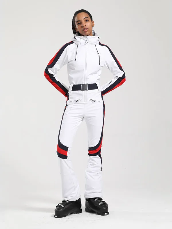 Women's Gsou Snow Retro Belted Stripe Flare Onesie Ski Suit