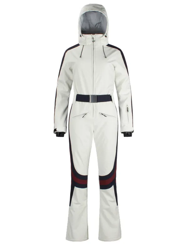 Women's Gsou Snow Retro Belted Stripe Flare Onesie Ski Suit