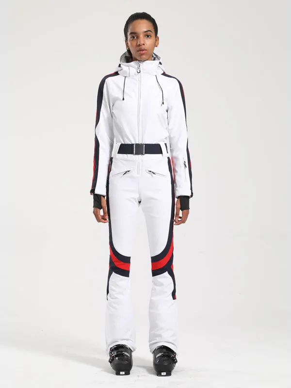 Women's Gsou Snow Retro Belted Stripe Flare Onesie Ski Suit