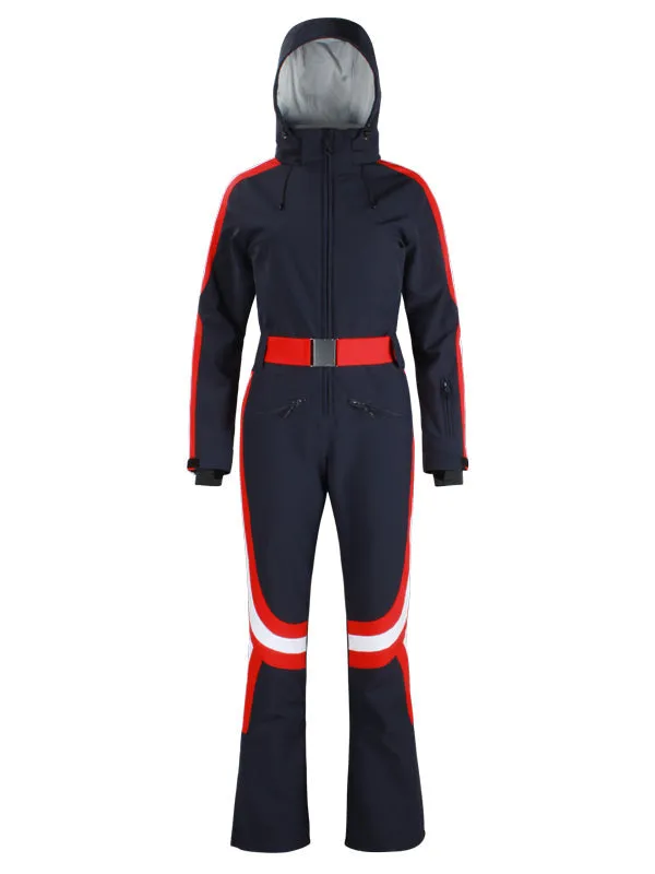 Women's Gsou Snow Retro Belted Stripe Flare Onesie Ski Suit