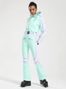 Women's Gsou Snow Retro Belted Stripe Flare Onesie Ski Suit