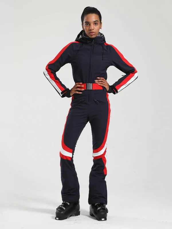 Women's Gsou Snow Retro Belted Stripe Flare Onesie Ski Suit