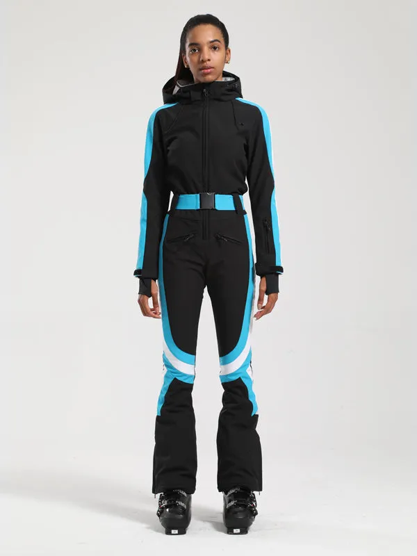 Women's Gsou Snow Retro Belted Stripe Flare Onesie Ski Suit