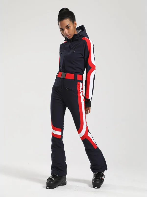 Women's Gsou Snow Retro Belted Stripe Flare Onesie Ski Suit