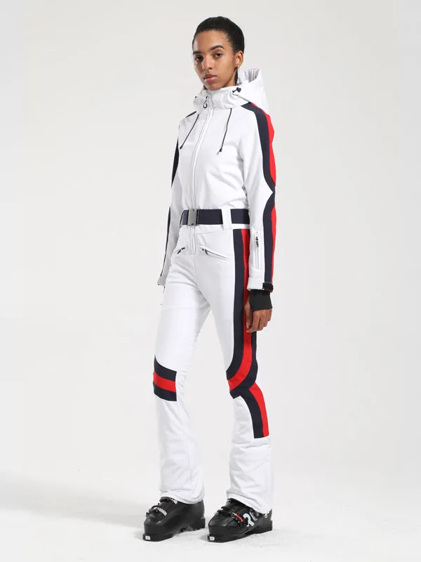 Women's Gsou Snow Retro Belted Stripe Flare Onesie Ski Suit