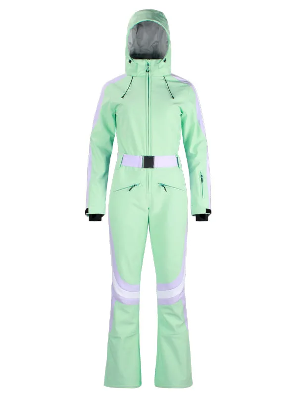 Women's Gsou Snow Retro Belted Stripe Flare Onesie Ski Suit