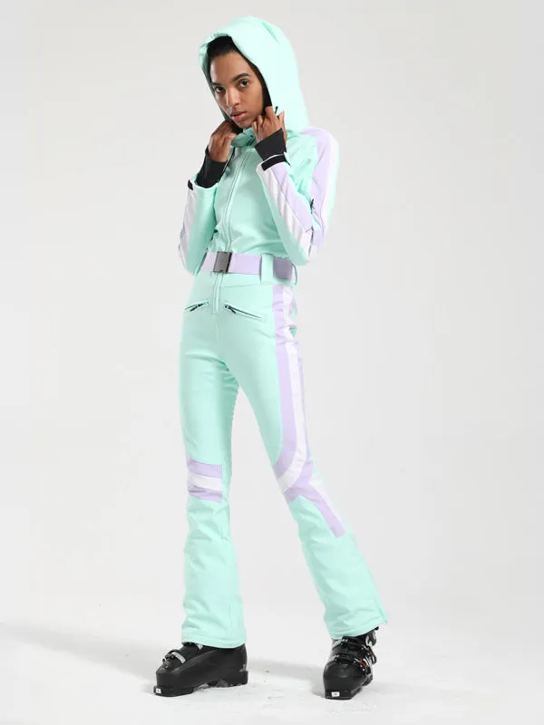 Women's Gsou Snow Retro Belted Stripe Flare Onesie Ski Suit